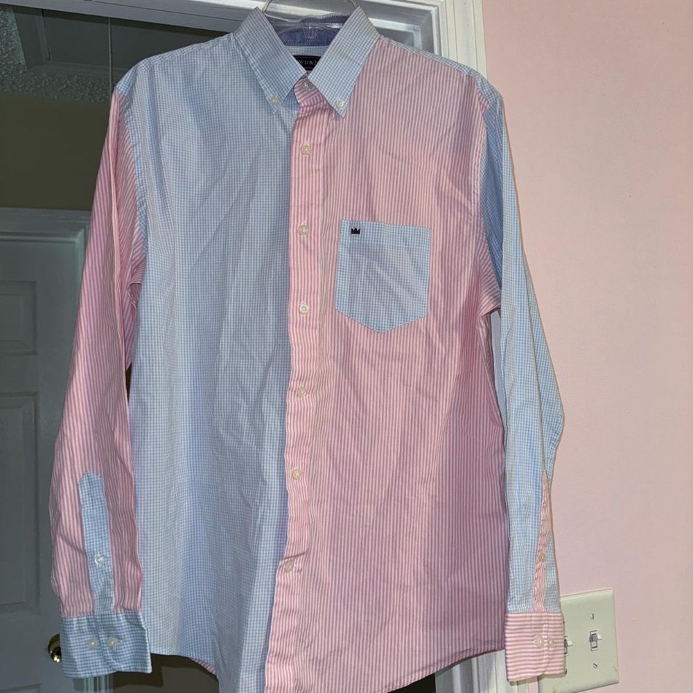 Pastel Blue Gingham & Pink Striped Button-Down Collared Shirt